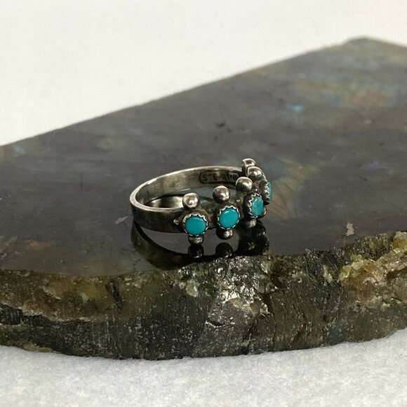 VTG Sterling Silver 925 Snake Eyes Round Turquoise Petit Point Ring Sz 5.75 - Picture 5 of 16